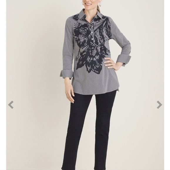 Chico's Cotton Stripe Floral No Iron Long Sleeve Button Front Shirt Size 12/14 - Picture 3 of 10